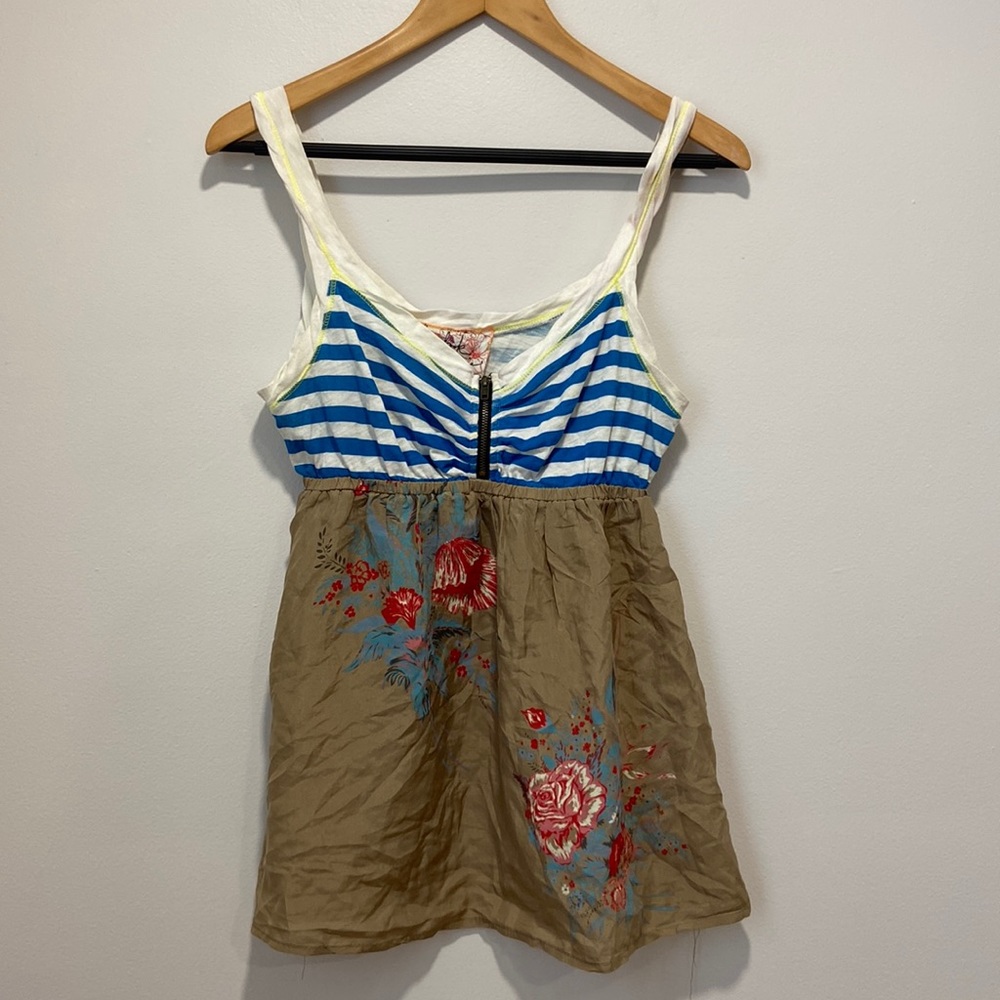 Scrapbook Blue & White Striped and Tan Floral Tank